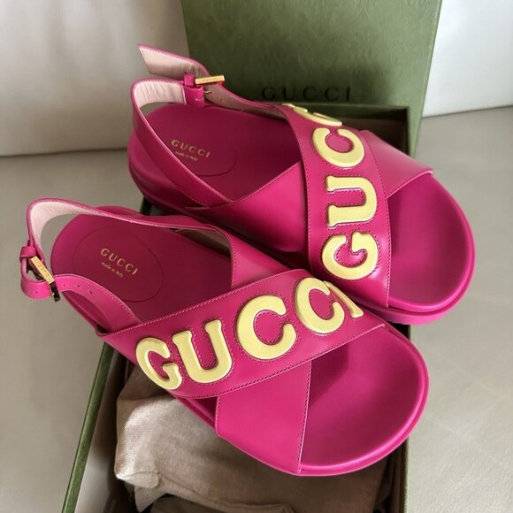 NEW GUCCI SANDALS PINK LEATHER SIZE 38.5 EU 100% Authentic - Picture 1 of 10
